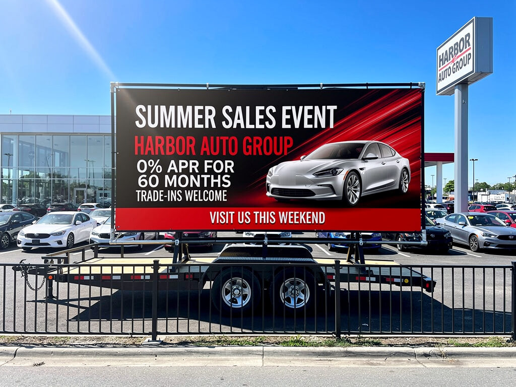Concept image: a Seen trailer on a car dealership lot advertising a summer sales event for Harbor Auto Group