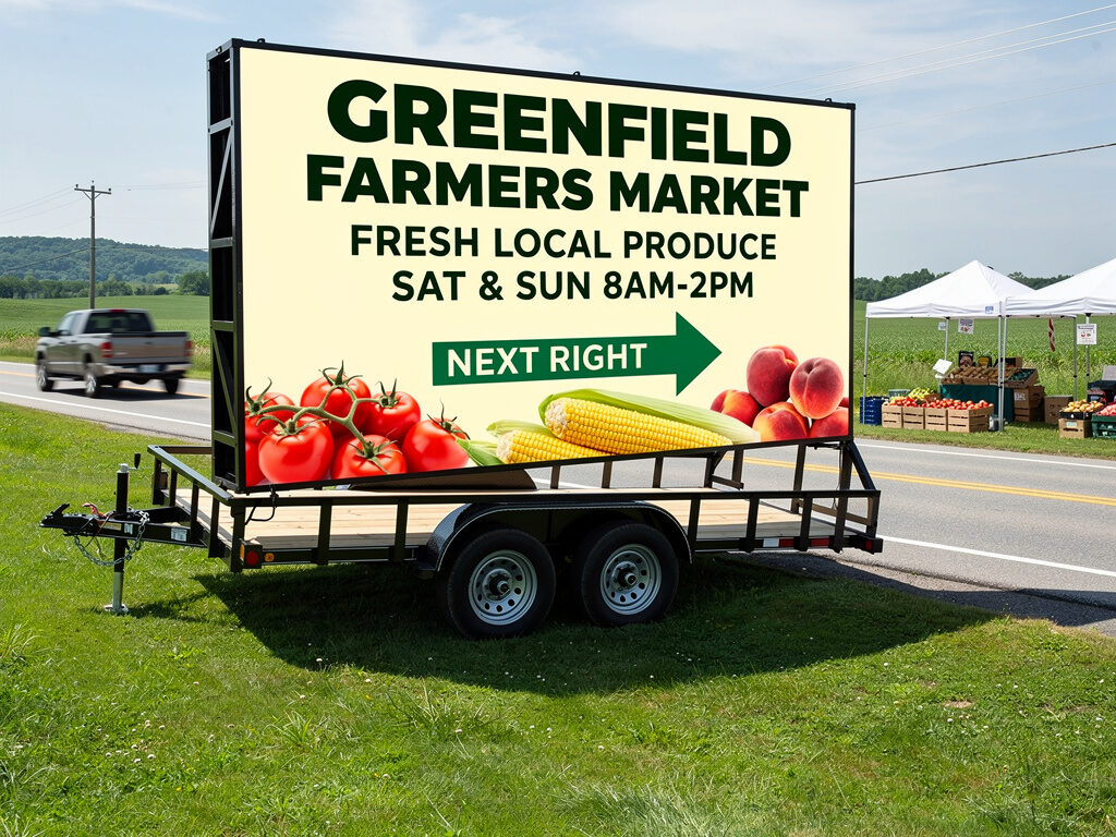 Concept image: a Seen trailer by a country road advertising a farmers market, next right