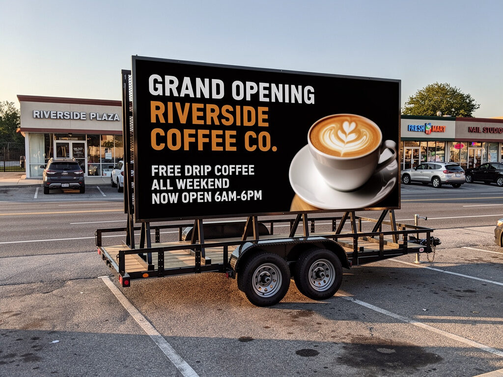 Concept image: a Seen trailer in a strip-mall parking lot advertising a coffee shop grand opening